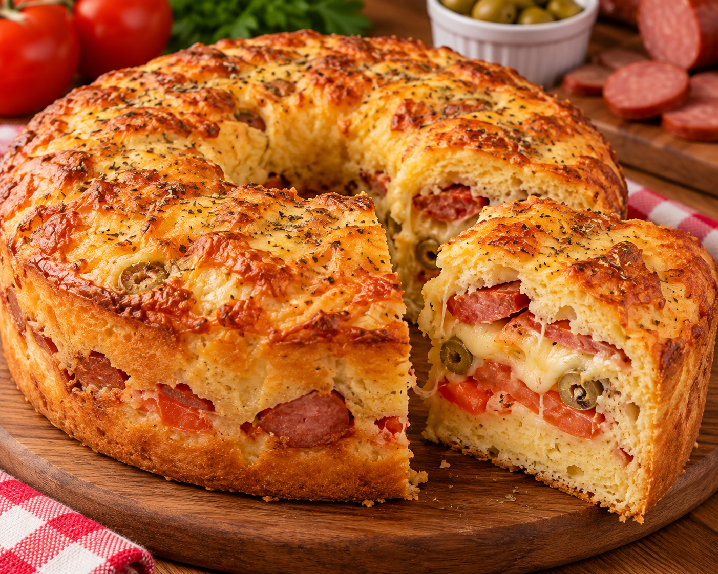 Lanche de forno dourado em formato de bolo com furo central, recheado com calabresa, queijo derretido, tomate e azeitonas, com uma fatia cortada mostrando o interior macio.